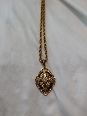Gold-Tone Red Enamel Filigree Pendant Necklace